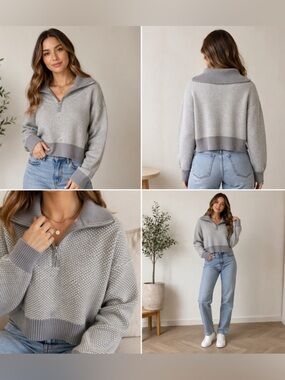 Rachel Zoe Gray Quarter Zip Knit Sweater Size L Textured Chic